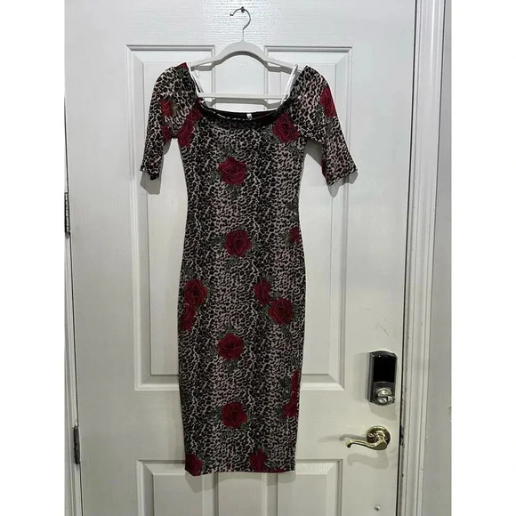 Dna Couture cheetah rose Print Dress Y2K bodycon sheer Size Medium - Picture 3 of 6